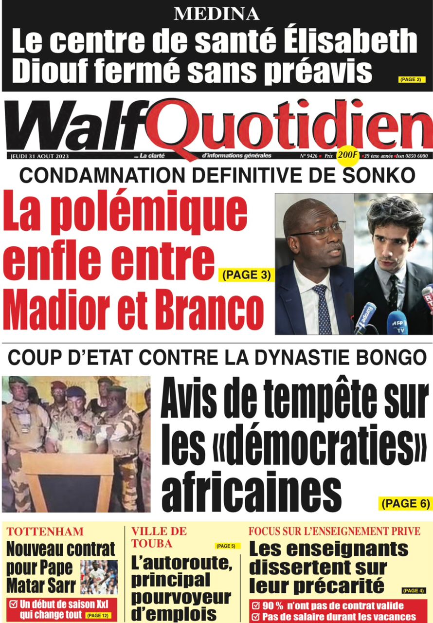 Une des journaux du jeudi 31 août 2023