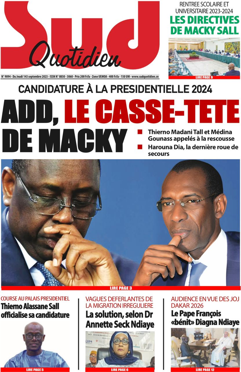Une des journaux du jeudi 14 septembre 2023
