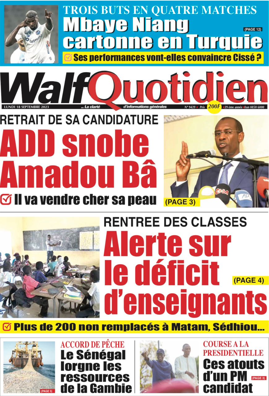 Une des journaux du lundi 18 septembre 2023