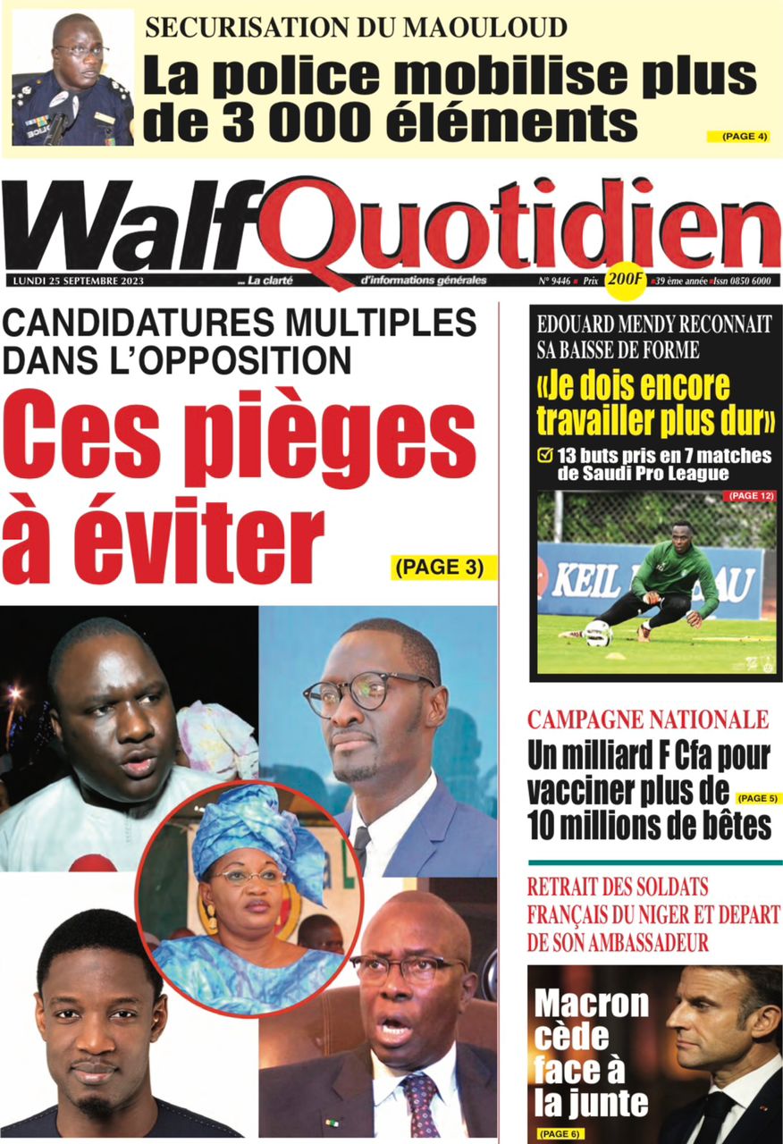 Une des journaux du lundi 25 septembre 2023