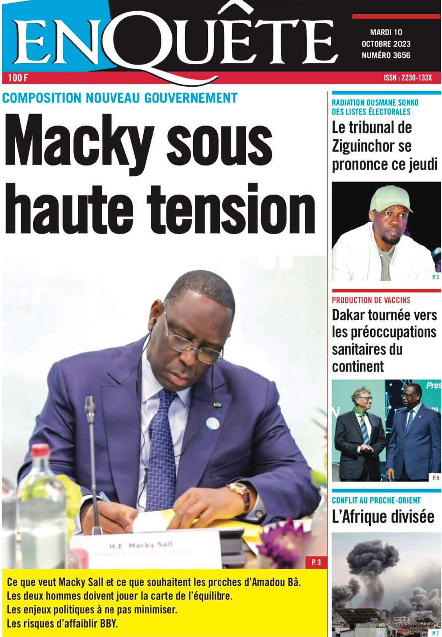 Une des journaux du mardi 10 octobre 2023