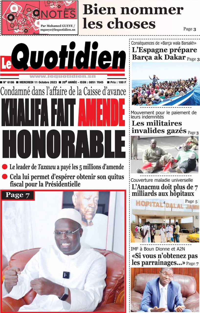 Une des journaux du mercredi 11 octobre 2023