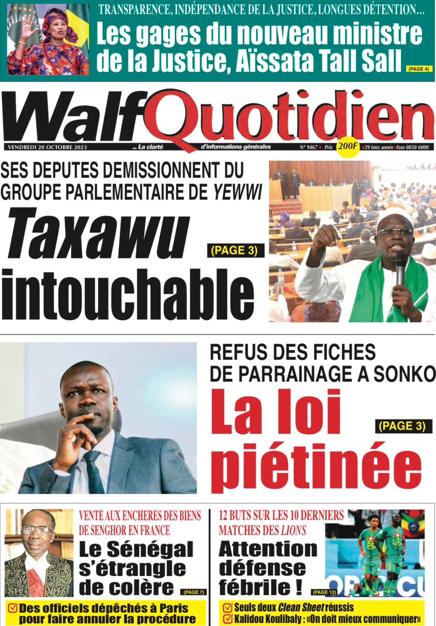 Une des journaux du vendredi 20 octobre 2023