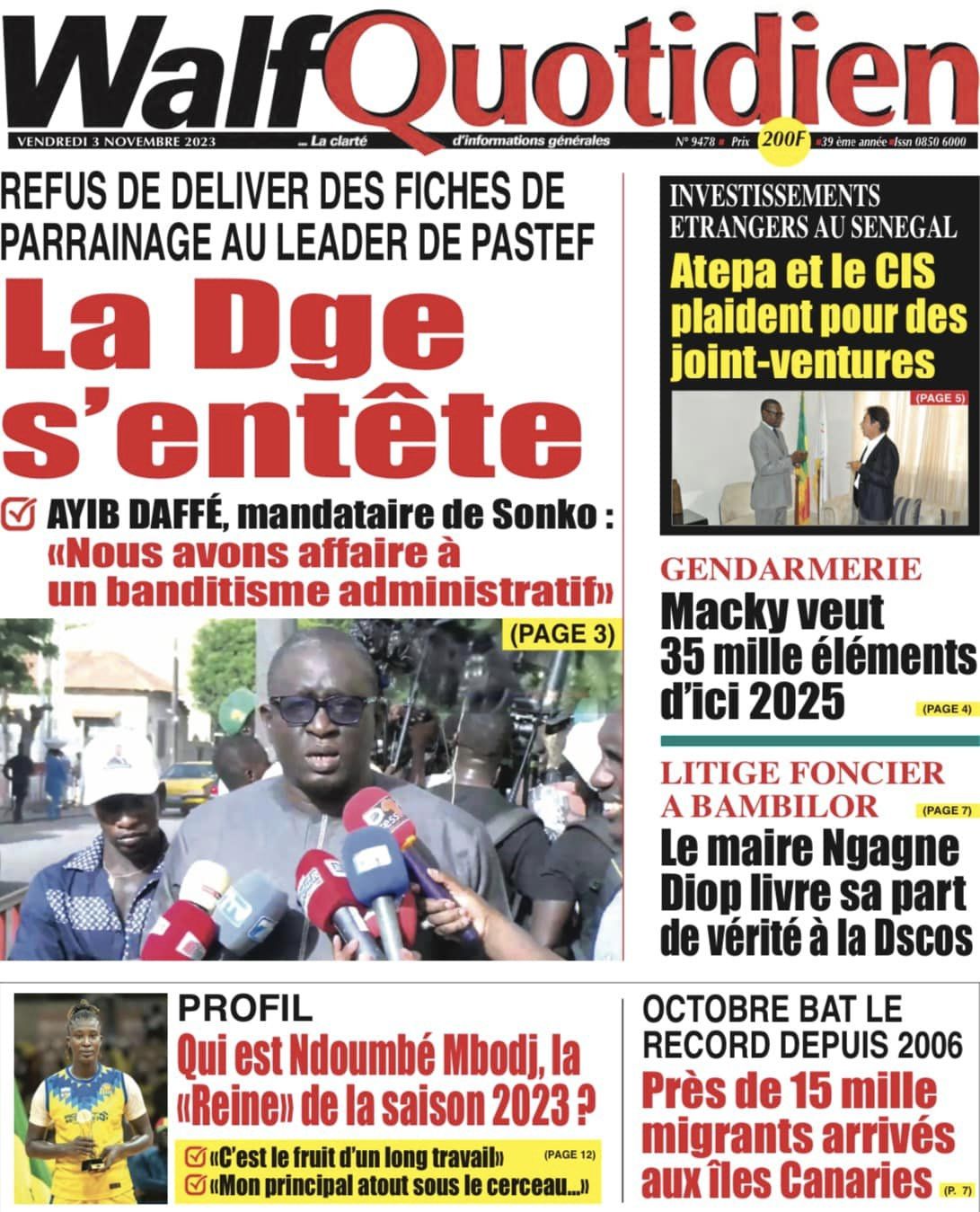 Une des journaux du vendredi 03 novembre 2023