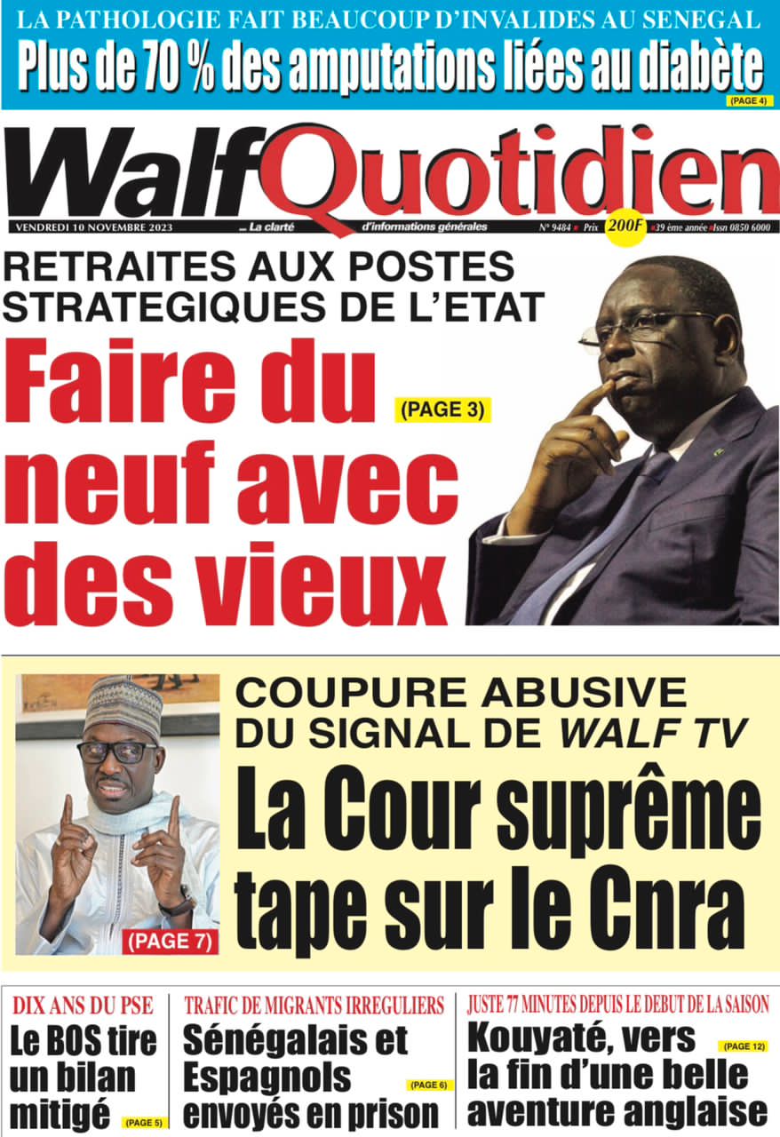 Une des journaux du vendredi 10 novembre 2023