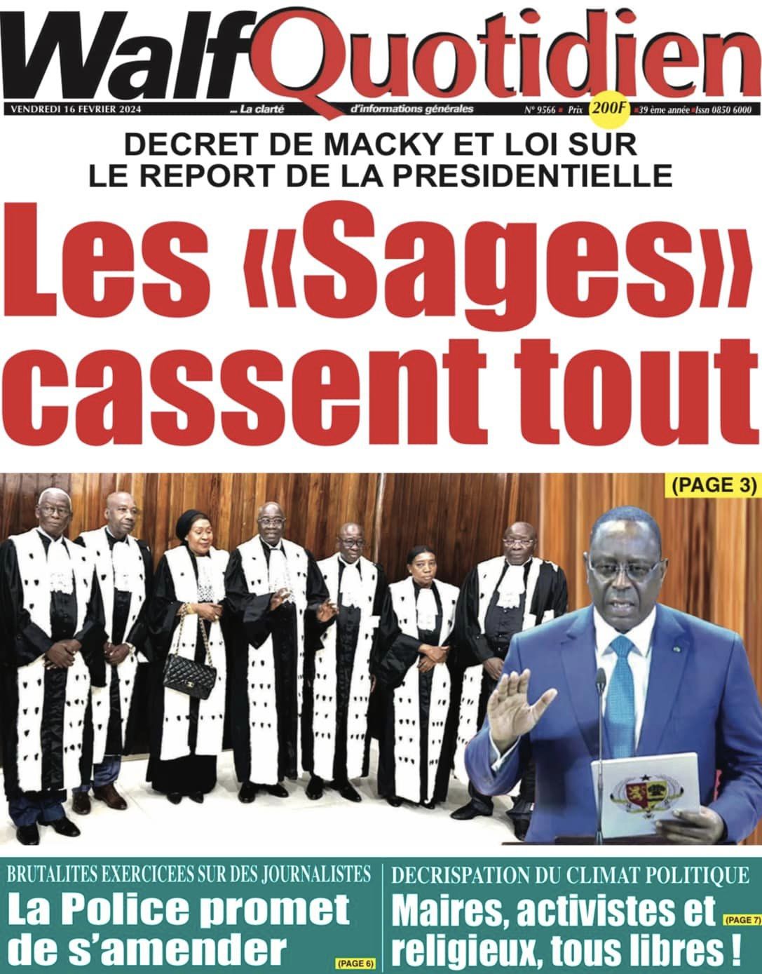 Une des journaux du vendredi 16 février 2024