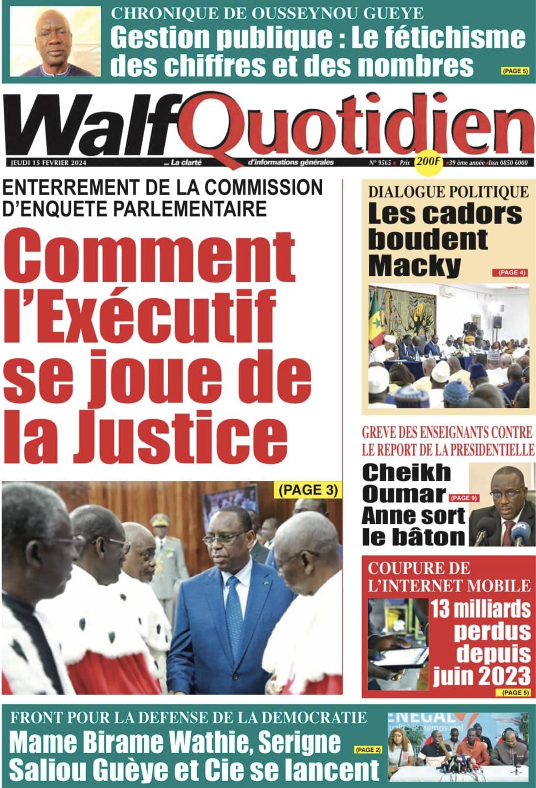 Une des journaux du jeudi 15 février 2024
