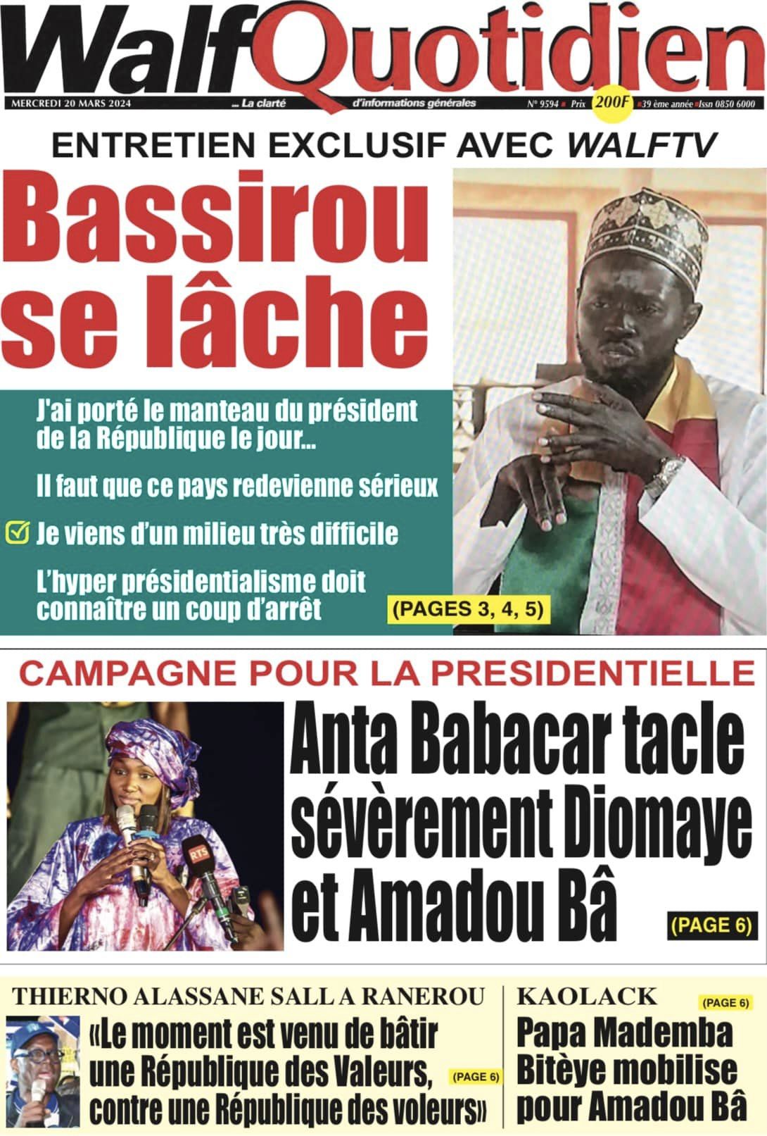 Une des journaux du mercredi 20 mars 2024