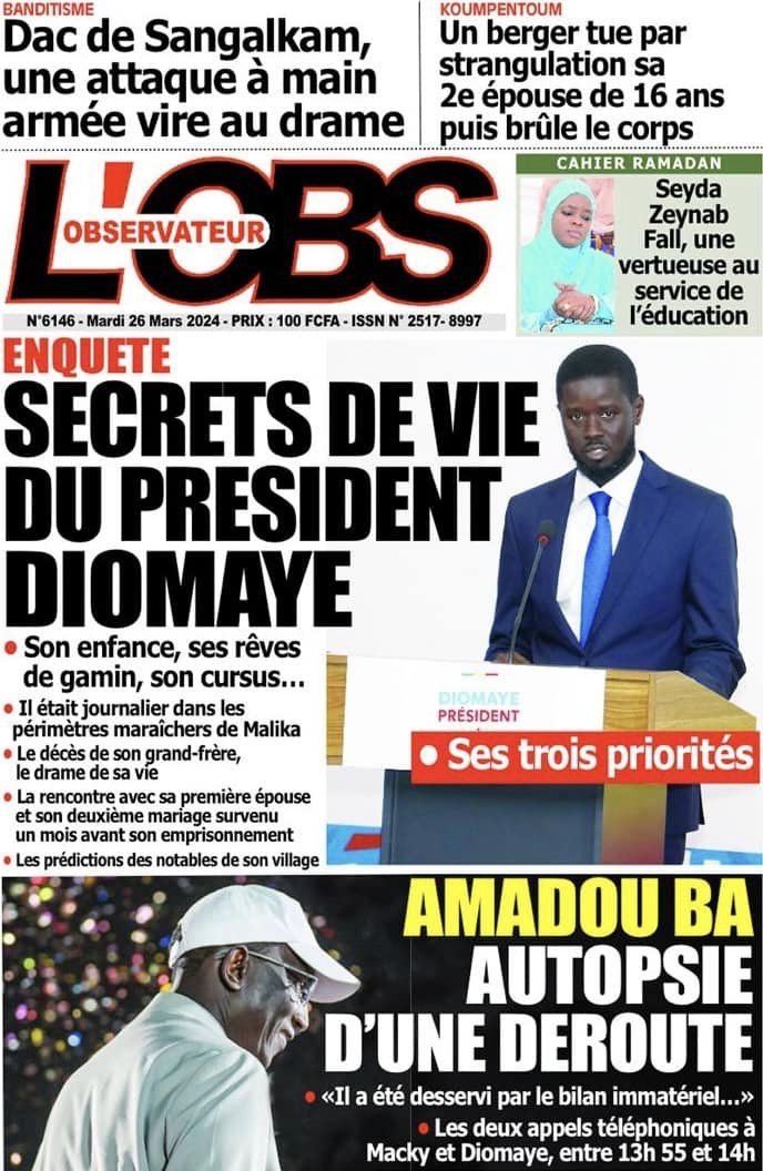Une des journaux du mardi 26 mars 2024