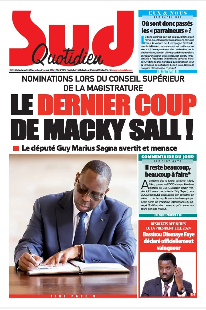 Une des journaux du samedi 30 mars 2024