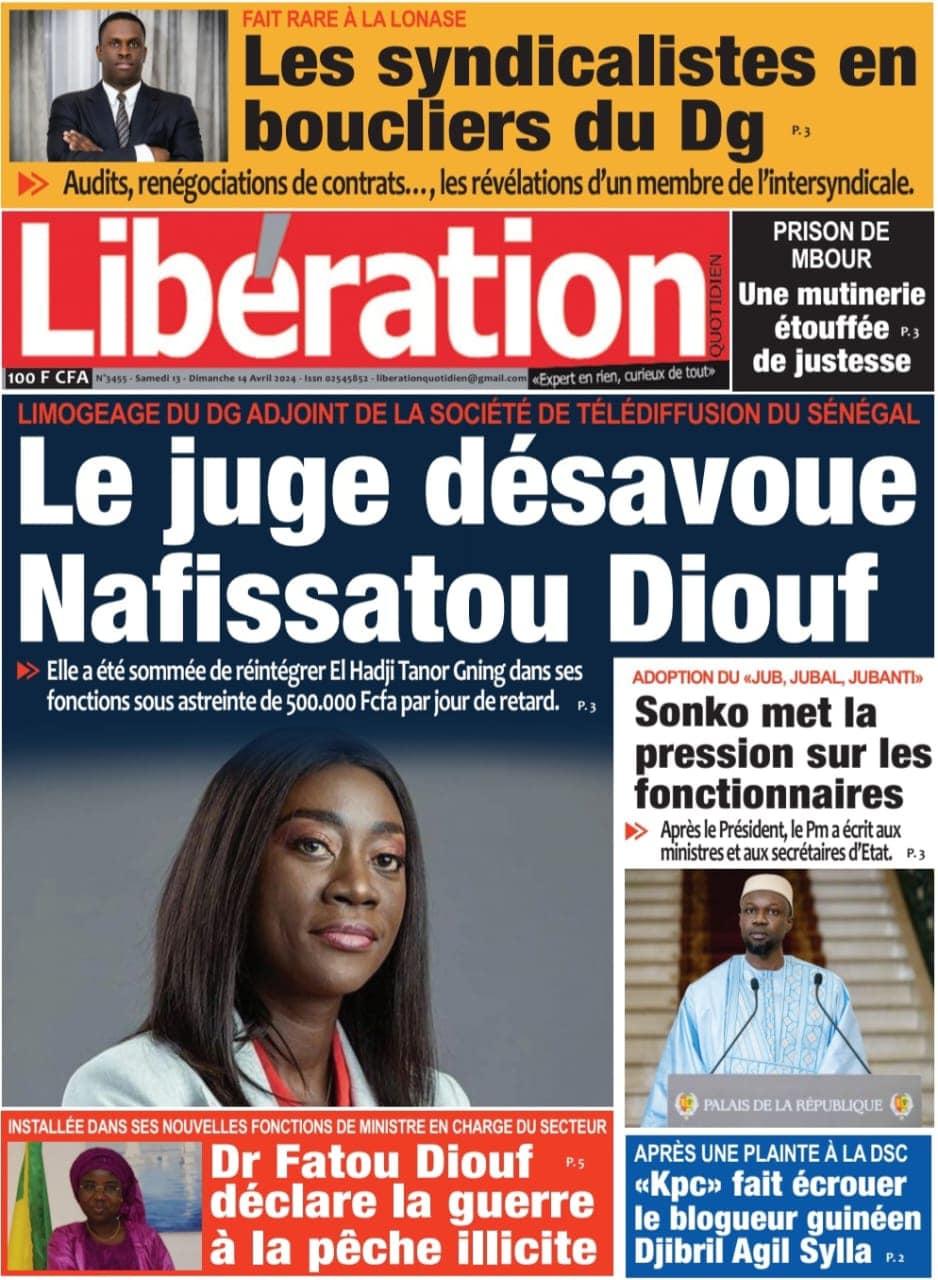 Une des journaux du samedi 13 avril 2024
