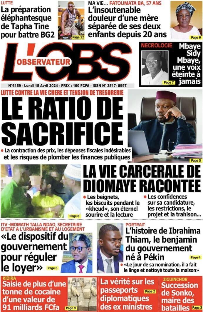 Une des journaux du lundi 15 avril 2024