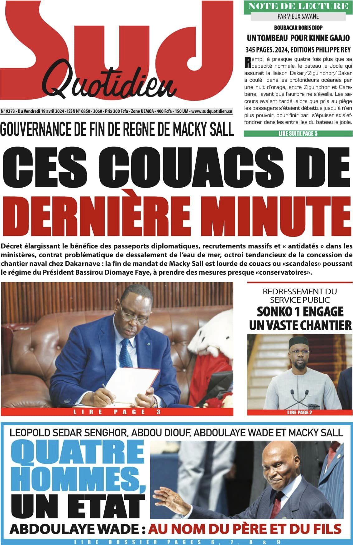 Une des journaux du vendredi 19 avril 2024