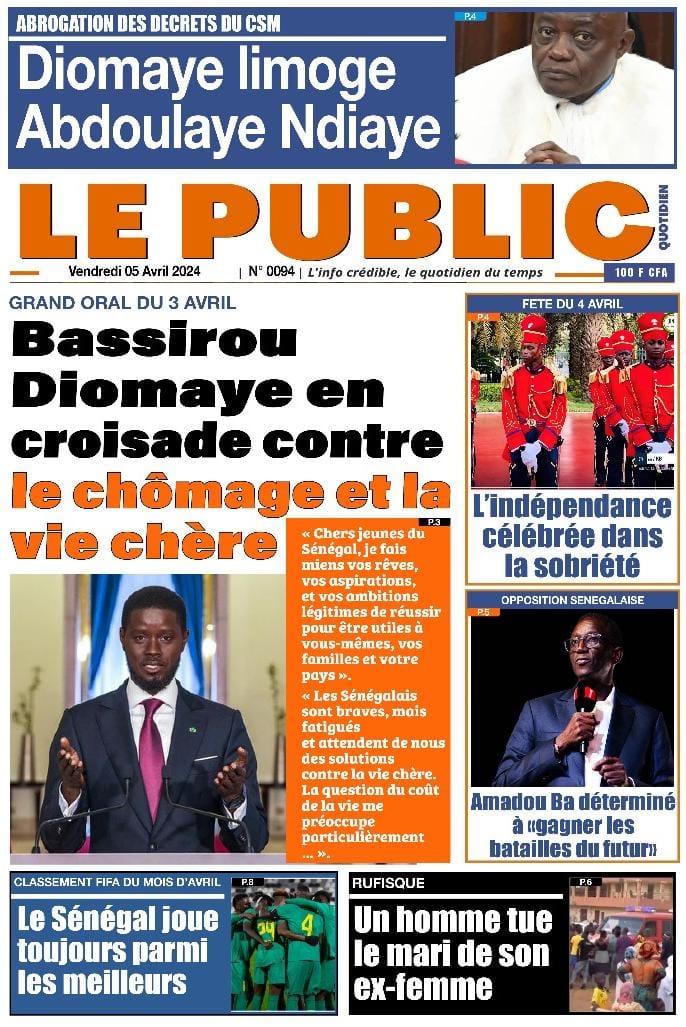 Une des journaux du vendredi 05 avril 2024