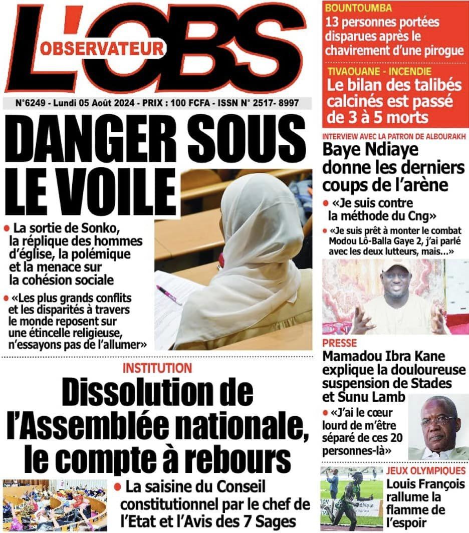 Une des journaux du lundi 05 août 2024