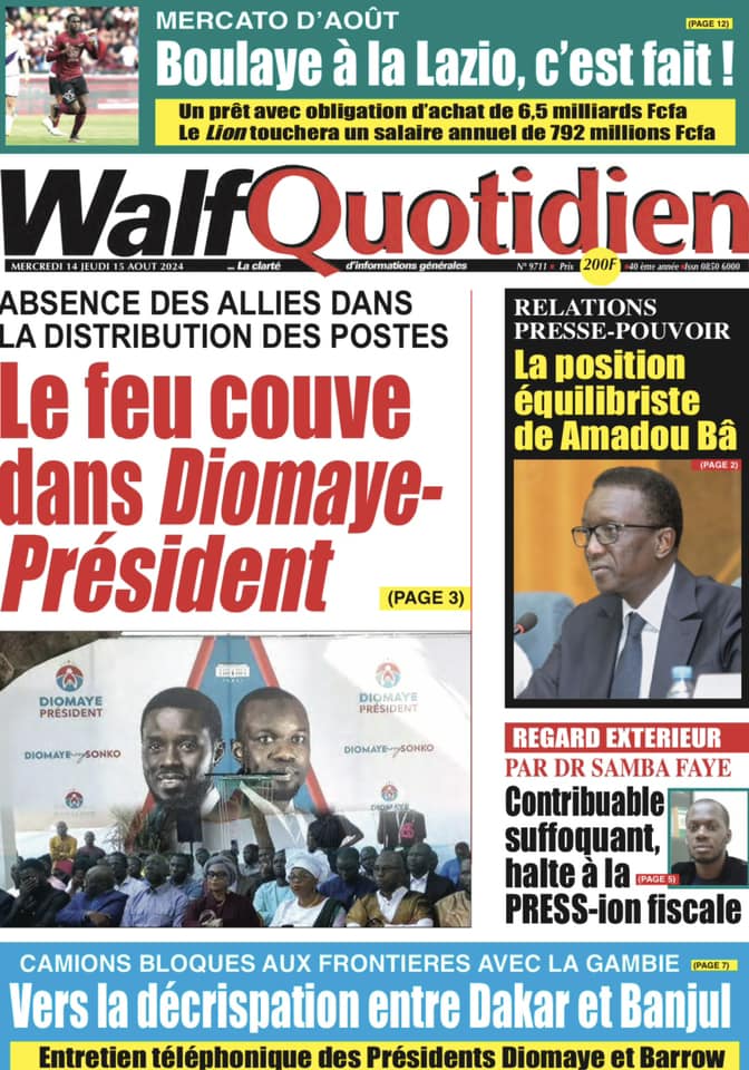 Une des journaux du mercredi 14 août 2024