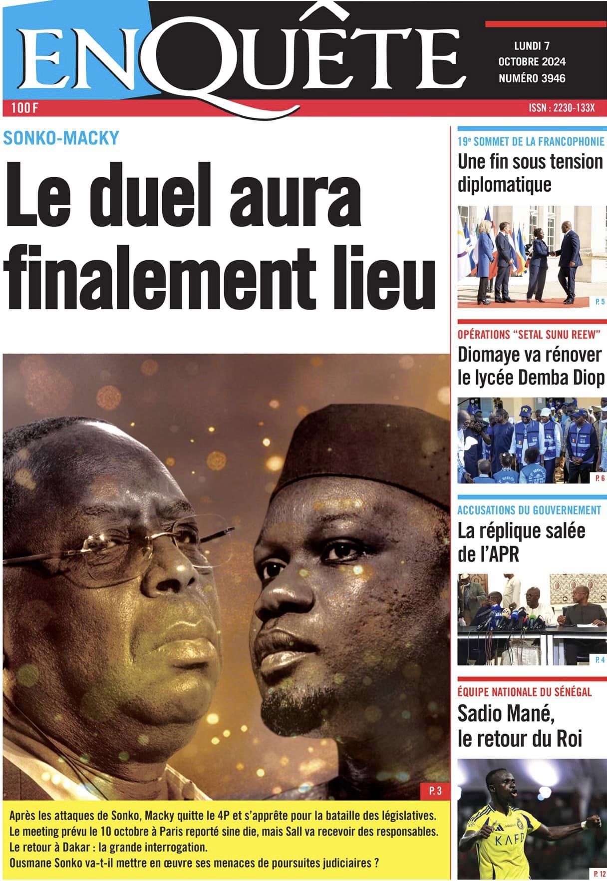 Unes des journaux du lundi 07 octobre 2024